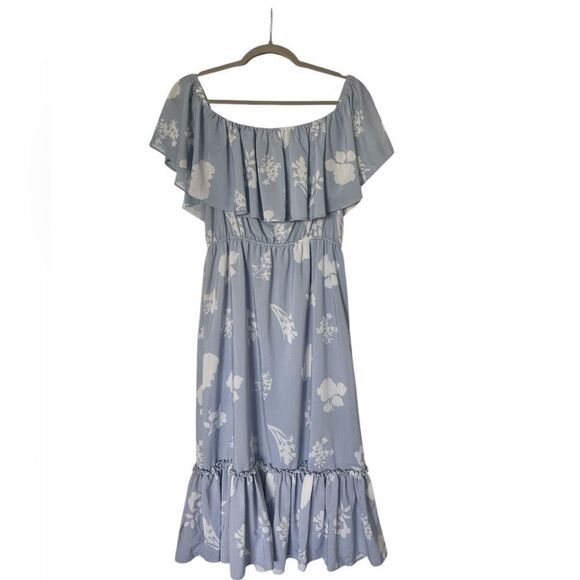 GIANNI BINI Blue and White Ruffled Off-Shoulder Midi Sundress - Picture 1 of 3